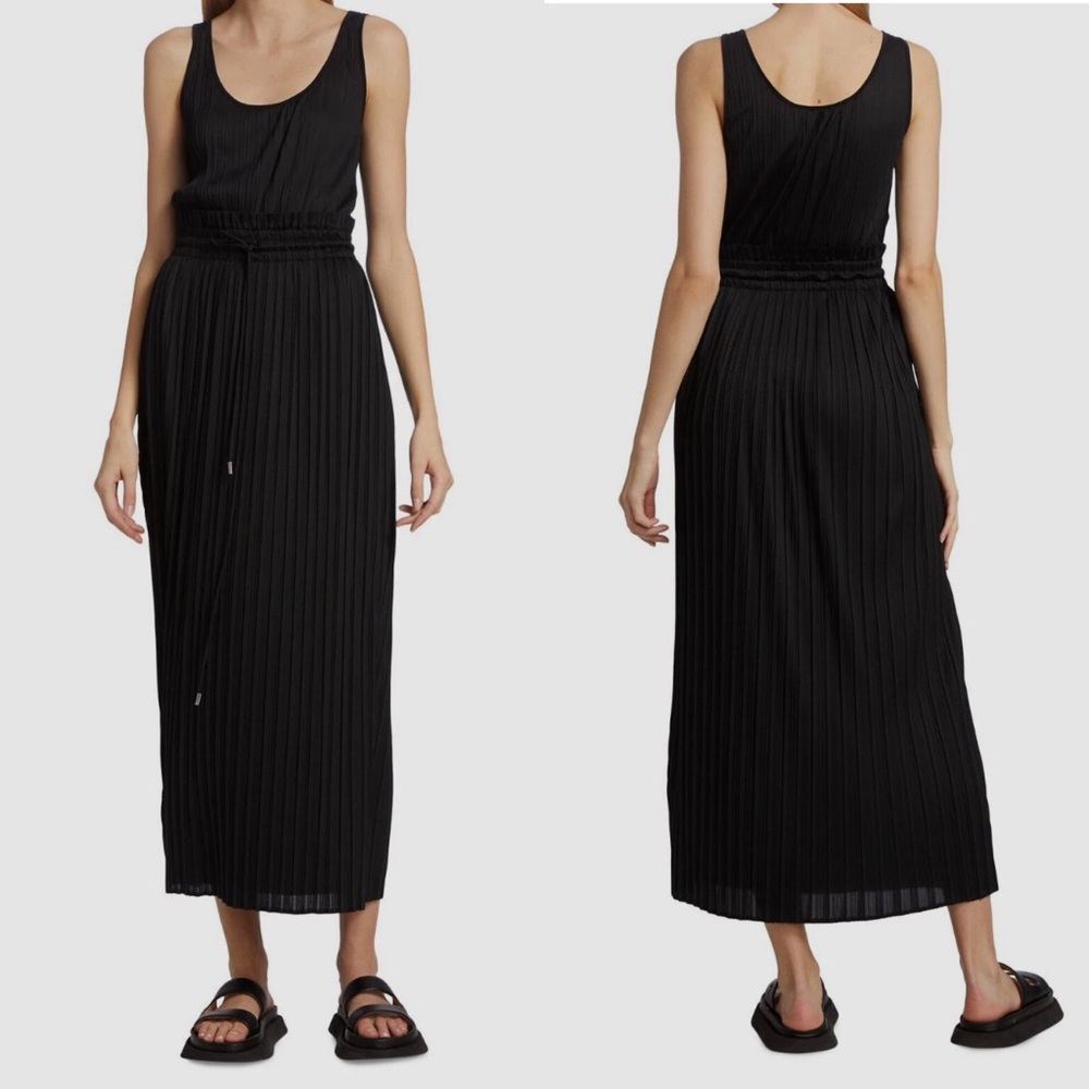 A.L.C. Women's Pleated Black Scoop Neck Drawstring Midi Dress FLAWED Small